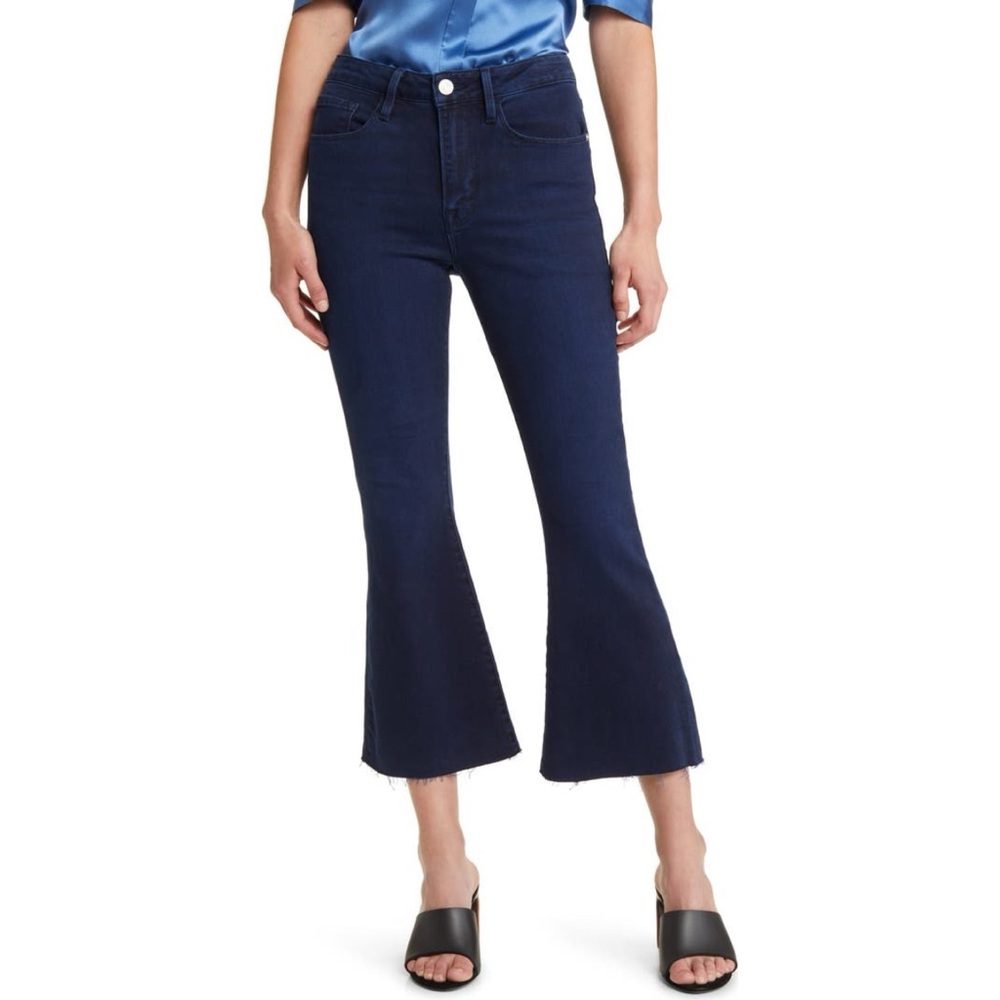 Frame Le Crop Flare Jeans Fiona Dark Wash Blue Raw Hem High Rise size 30